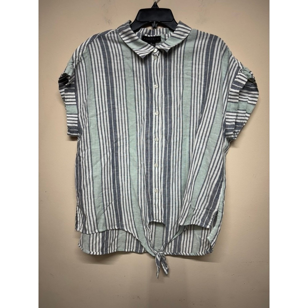 Sanctuary Striped Button Front Tie‎ Hem Shirt Womens XL Linen Blend Casual Top